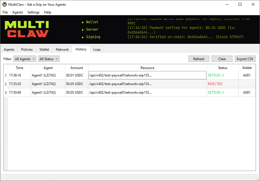 Transaction history in MultiClaw