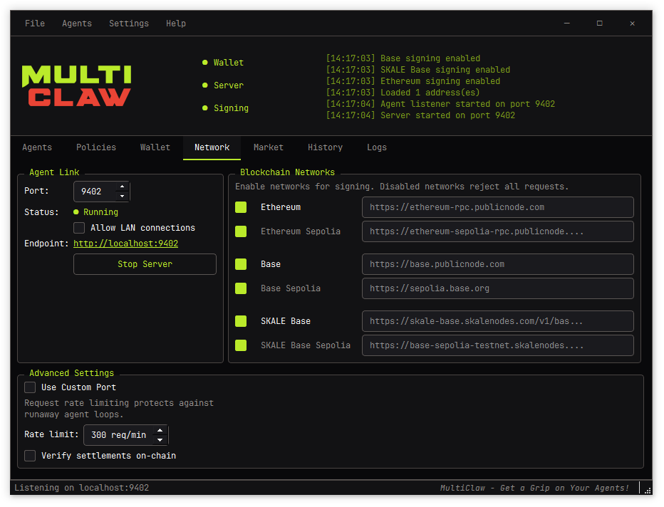 MultiClaw dark mode — Network tab