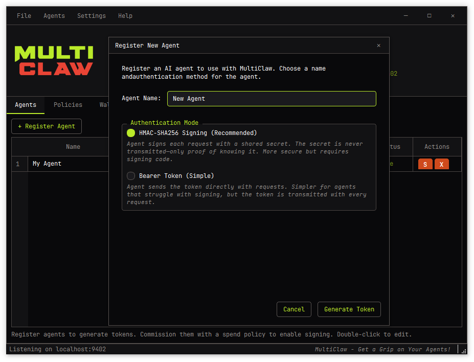 MultiClaw dark mode — agent registration dialog