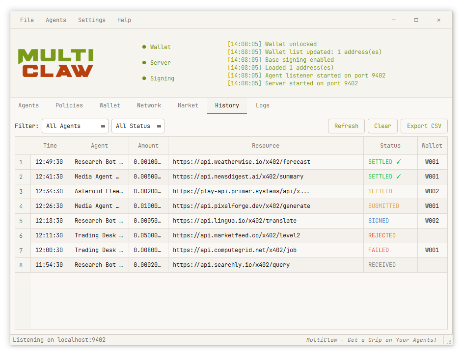 Transaction history in MultiClaw