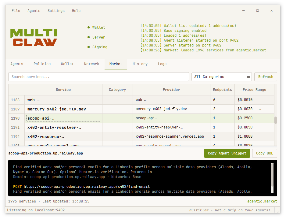 Agentic.Market service browser in MultiClaw
